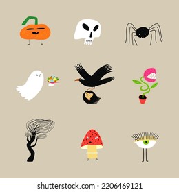 Halloween set with funny illustrations of crow, ghost, skull, spider, fly agaric, pumpkin and tree monster. Spooky cartoon characters and symbols.