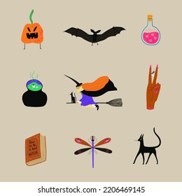 Halloween set with funny illustrations of flying witch, cat, potion, bat, dragonfly and pumpkin. Spooky cartoon characters and symbols.