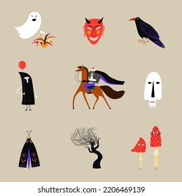 Halloween set with funny illustrations of headless horseman, devil, death, ghost, moth, skull, fly agaric and tree monster. Spooky cartoon characters and symbols.