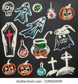 Halloween. A set of funny objects. Color chalk on a blackboard. Collection of festive elements. Autumn holidays. Ghosts, pumpkins, eyes, coffin, potion, skull, spider, cemetery, cauldron