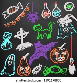 Halloween. A set of funny objects. Color chalk on a blackboard. Collection of festive elements. Autumn holidays. Pumpkin, ghost, spider, candy, eye, bat, broom, flags, potion, cat, cemetery