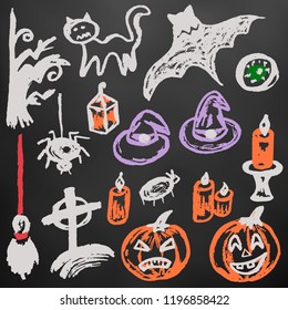 Halloween. A set of funny objects. Color chalk on a blackboard. Collection of festive elements. Autumn holidays. Pumpkin, eye, cemetery, broom, tree, bat, candle, spider, cat, witch hat