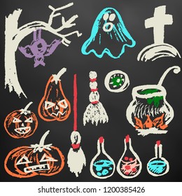 Halloween. A set of funny objects. Color chalk on a blackboard. Collection of festive elements. Autumn holidays. Ghost, pumpkin, eye, potion, cemetery, cauldron, broom, tree, bat