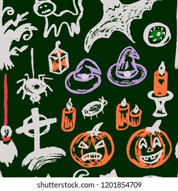 Halloween. A set of funny objects. Seamless pattern. Collection of festive elements. Autumn holidays. Pumpkin, eye, cemetery, broom, tree, bat, candle, spider, cat, witch hat