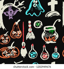 Halloween. A set of funny objects. Seamless pattern. Collection of festive elements. Autumn holidays. Ghost, pumpkin, eye, potion, cemetery, cauldron, broom, tree, bat