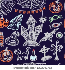 Halloween. A set of funny objects. Seamless pattern. Collection of festive elements. Autumn holidays. Pumpkin, cobweb, flags, candle, ghost, sinister castle, eye, potion, tree, candy