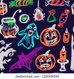 Halloween. A set of funny objects. Seamless pattern. Collection of festive elements. Autumn holidays. Pumpkin, ghost, spider, candy, eye, cauldron, wood, bat, candle