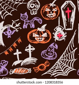 Halloween. A set of funny objects. Seamless pattern. Collection of festive elements. Autumn holidays. Pumpkin, cobweb, skull, coffin, tree, bat, cemetery, candy, spider, flags, cat, witch hat