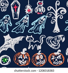 Halloween. A set of funny objects. Seamless pattern. Collection of festive elements. Autumn holidays. Pumpkin, eye, coffin, tree, bat, spider, cat, witch hat, owl, skull, ghosts