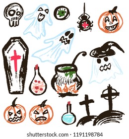 Halloween. A set of funny objects. Vector illustration. Collection of festive elements. Autumn holidays. Ghosts, pumpkins, eyes, coffin, potion, skull, spider, cemetery, cauldron