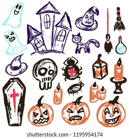 Halloween. A set of funny objects. Vector illustration. Collection of festive elements. Autumn holidays. Pumpkin, coffin, skull, candle, spider, broom, potion, ghosts, sinister castle, cat
