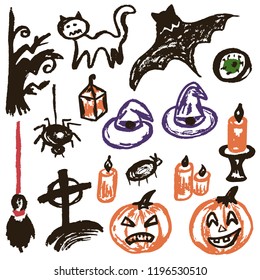 Halloween. A set of funny objects. Vector illustration. Collection of festive elements. Autumn holidays. Pumpkin, eye, cemetery, broom, tree, bat, candle, spider, cat, witch hat