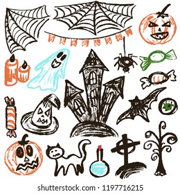 Halloween. A set of funny objects. Vector illustration. Collection of festive elements. Autumn holidays. Pumpkin, cobweb, flags, candle, ghost, sinister castle, eye, potion, tree, candy