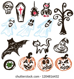 Halloween. A set of funny objects. Vector illustration. Collection of festive elements. Autumn holidays. Pumpkin, eye, coffin, tree, bat, spider, cat, witch hat, owl, skull, ghosts