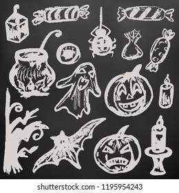 Halloween. A set of funny objects. White chalk on a blackboard. Collection of festive elements. Autumn holidays. Pumpkin, ghost, spider, candy, eye, cauldron, wood, bat, candle