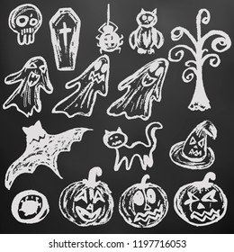 Halloween. A set of funny objects. White chalk on a blackboard. Collection of festive elements. Autumn holidays. Pumpkin, eye, coffin, tree, bat, spider, cat, witch hat, owl, skull, ghosts