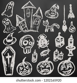 Halloween. A set of funny objects. White chalk on a blackboard. Collection of festive elements. Autumn holidays. Pumpkin, coffin, skull, candle, spider, broom, potion, ghosts, sinister castle, cat