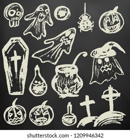 Halloween. A set of funny objects. White chalk on a blackboard. Collection of festive elements. Autumn holidays. Ghosts, pumpkins, eyes, coffin, potion, skull, spider, cemetery, cauldron