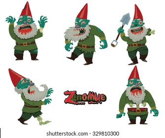 Halloween set of garden gnomes which became zombies, 5 characters, vector