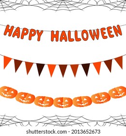 Halloween set of garlands. Spiderweb, flags, letters, pumpkins decorations. Vector isolated on white background.