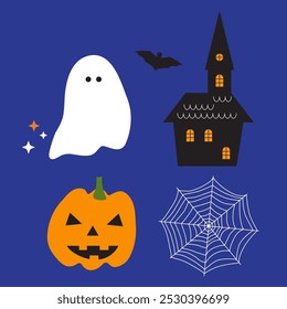 Halloween set. Ghost, bat, scary pumpkin, Halloween house, spider web. Halloween elements. Halloween vector illustration.