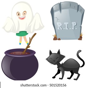 Halloween set with ghost and black cat illustration
