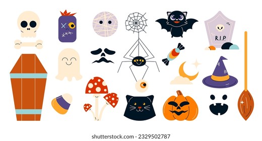 Halloween set with ghost, hat, broom, black cat, pumpkin, candies, spider on web, skull, mummy, grave, coffin. Cute doodle Helloween bundle with holiday characters and elements.  Vector illustrations