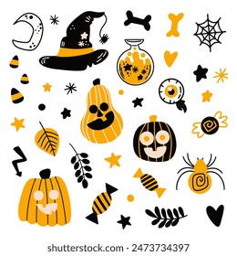 Halloween set with a ghost, potion, branches, moon, month, leaves, pumpkins, stars, eyes and candies, sweets.