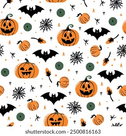 Halloween set with ghost, potion, branches, moon, crescent, leaves, pumpkins, stars, eyes and candies, sweets. Halloween card, Halloween pattern.