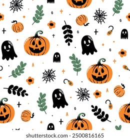 Halloween set with ghost, potion, branches, moon, crescent, leaves, pumpkins, stars, eyes and candies, sweets. Halloween card, Halloween pattern.