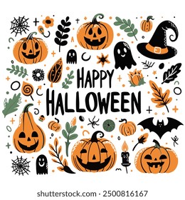 Halloween set with ghost, potion, branches, moon, crescent, leaves, pumpkins, stars, eyes and candies, sweets. Halloween card, Halloween pattern.