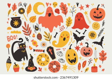 Halloween set - ghost, pumpkin, bat, cat, pot, bone, donut, candy, star, candle, leaves, cookie, skull, berry on white background. Perfect for seasonal greeting cards, decorations. Vector illustration