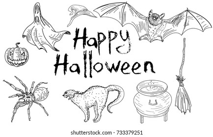 Halloween Set with Ghost, Pumpkin, Bat, Caldron and Others.