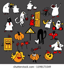 Halloween set ghost pumpkin cat wolf red hat candy scary door road sign skeleton red yellow orange black white isolated on grey background