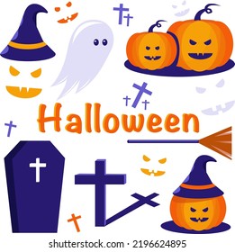 Halloween set with ghost, pumpkins and coffin