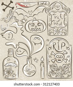 Halloween set with ghost, skull, jar with spider, vector