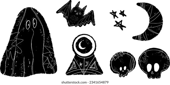 Fiesta de Halloween. Fantasma, cráneos, murciélago, luna creciente, bola de cristal. Ilustraciones de silueta negra dibujadas a mano al estilo de linocut. Textura de grano de Shabby. Elementos vectores para el diseño de vacaciones.
