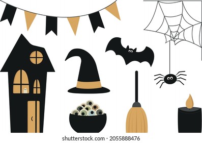 Conjunto de fantasmas, araña, murciélago, guirnalda, casa, vela, ojos y escoba de Halloween