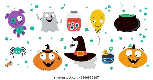 Halloween set. Рumpkin, ghost, witch hat. October holiday design elements, stickers. Vector.