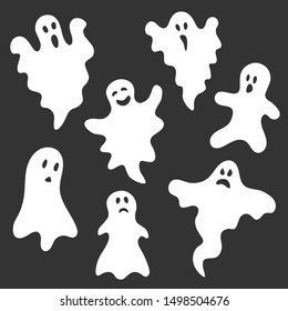 Halloween. Set of ghosts with different emotions. Objects is isolated on a black background. Vector illustration in flat style.