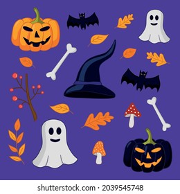 Halloween set with ghosts, jack lanterns, leaves, bones, bats and fly agarics