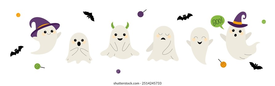 Halloween set of Ghosts on white background. Cute scary characters for design, sticker, banner, card, invitation, poster, flyer.