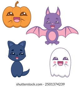 Halloween set with ghosts, pumpkins, bats, cat in kawaii style. Vector illustration isolated on white background