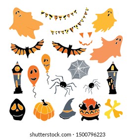 Halloween set with ghosts, pumpkins, skulls and autumn leaves