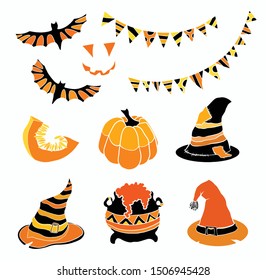 Halloween set with ghosts, pumpkins, skulls and autumn leaves
