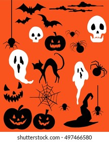 Halloween set, ghosts, skulls, bats, pumpkins, spiders