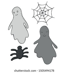 Halloween set - ghosts, spider and cobweb