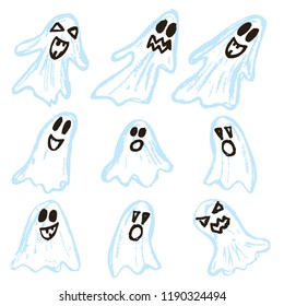 Halloween. Set of ghosts. Vector illustration. A collection of funny faces. Autumn holidays. Fun, children, traditions