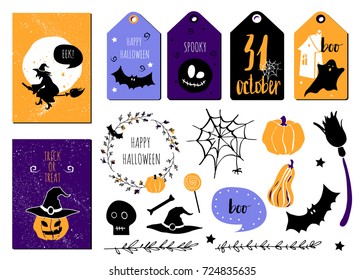 Halloween set. gift cards, tags, Halloween elements bats, spider, pumpkins, witch, ghost house and other. Template for Party card, Greeting, Congratulations, Invitations, Stickers.