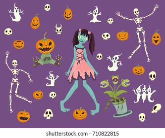 Halloween set. Girl zombies, skeletons, skulls, pumpkins and other Halloween characters. Vector isolated illustration